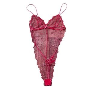 SKIMS Embroidered Tulle Teddy Bodysuit Heart‎ Print Pink Size Medium